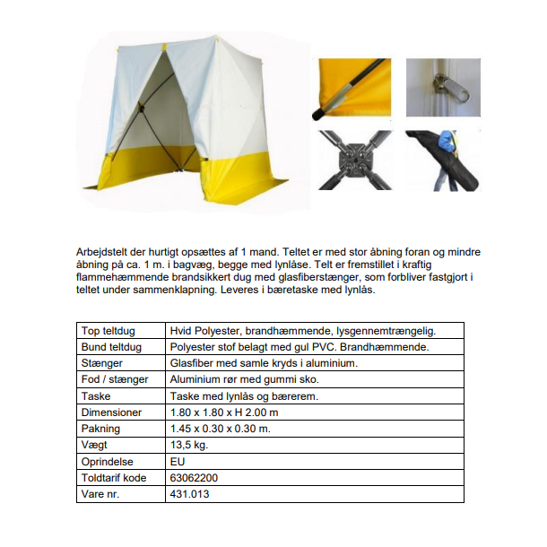 Work tent L180xB180xH200 incl. shoulder bag. (Flame retardant)