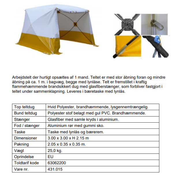 Work Tent L300xB300x215 flame retardant incl. shoulder bag, and pegs.