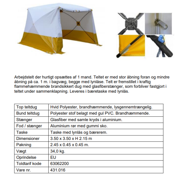 Work Tent 350.5S, L350xW350xH215 flame retardant incl. shoulder bag, and pegs.