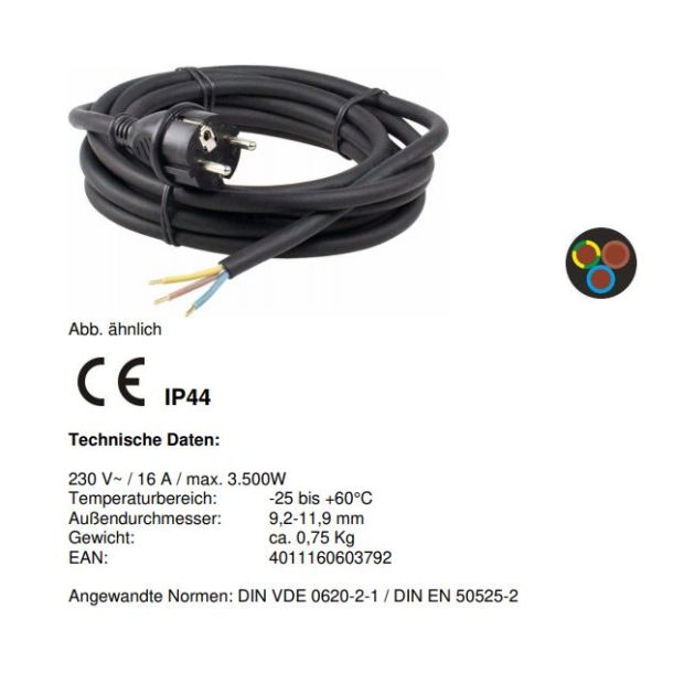 Netkabel m. schukostik 4,5m 230 V~ / 16 A / max. 3.500W