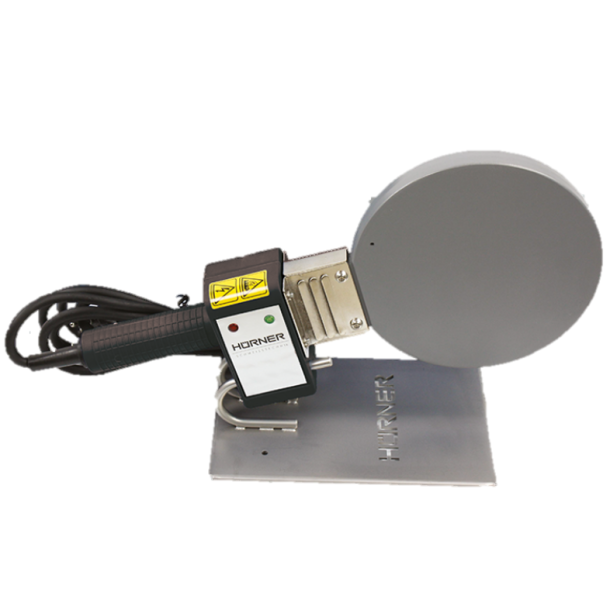 Hrner 250 mm hand-held welding mirror with stepless temperature setting. Comes with stand.