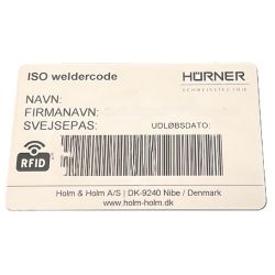 ISO Svejsekode/RFID kort med stregkode og RFID programmeret med deres data.  (ISO Welder Code)
