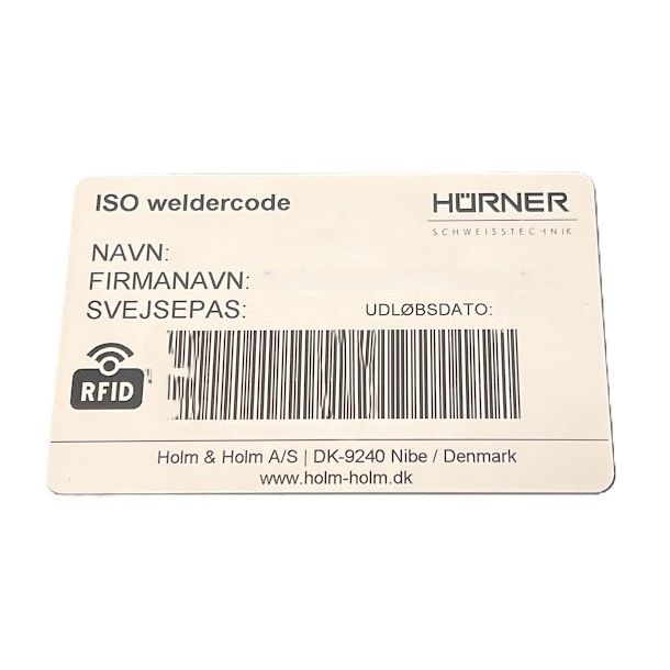 ISO Svejsekode/RFID kort med stregkode og RFID programmeret med deres data.  (ISO Welder Code)